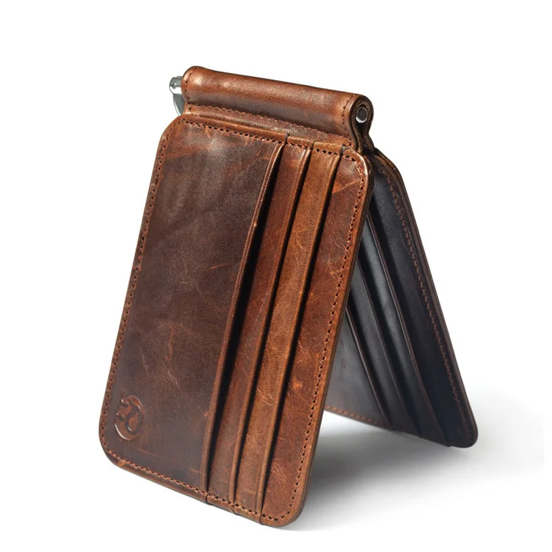 Vintage Men's Genuine Leather Money Clip Wallet With 12 Card Slots Metal Clamp Purse For Man metal money clip leather bill organizer
