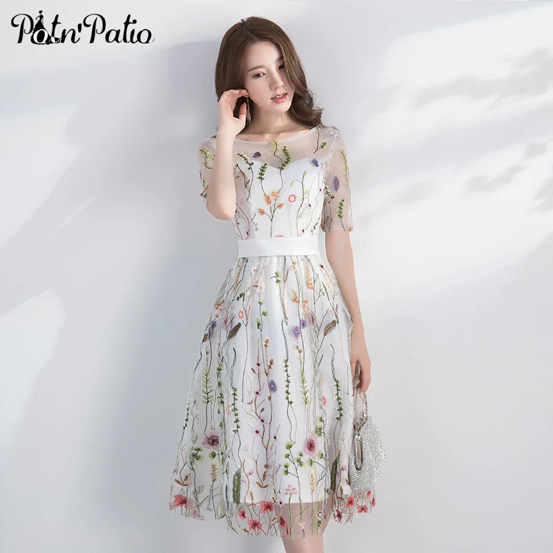 

White Evening Dresses Long 2018 Elegant O-neck Half Sleeves Tea-Length Flower Lace Formal Dress Plus Size