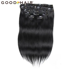GOOD HAIR Clip In Human Hair Extensions Natural Black 7 Pieces/Set Clip on Hair 14″ 18″ Brazilian Remy Straight Hair
