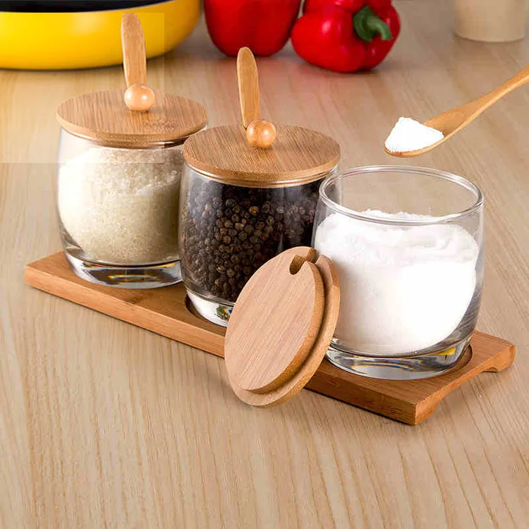 Round glass Kitchen condiment bottles Container n salt pigs cellars