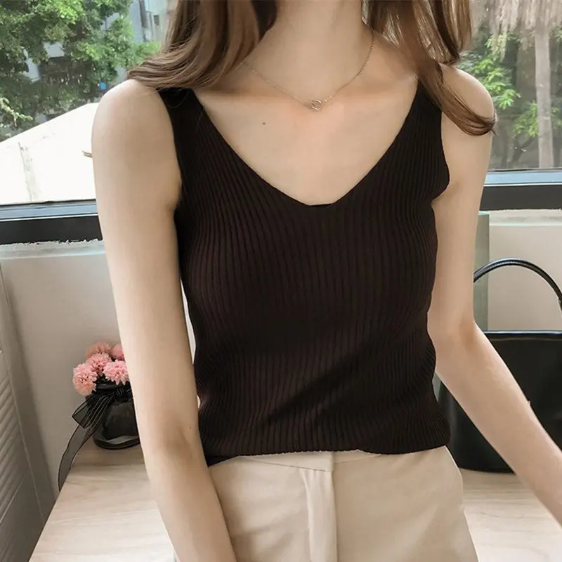 

Female Knitted Slim Tank Tops 2019 Summer Solid V-neck Camis Shirt Ladies Top