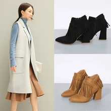 Spring Autumn Shoes For Women 2016 Square High Heels Tassle Ankle Short boots Womens Shoes Side Zip Black/Brown Ladies shoes