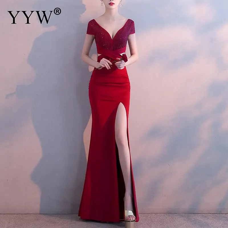 Robe De Soiree сексуальное платье с глубоким v-образным вырезом, расшитое блестками, женское элегантное вечернее платье с открытой спиной, вечерние платья с разрезом сбоку, Длинные вечерние платья знаменитостей - Цвет: red