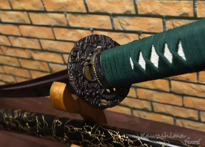 Blue Blade-Damascus Folded Steel Real Ninja Sword Dragon Tsuba Wooden Scabbard Green Wrapping Sharpness Ready For Cutting Paper