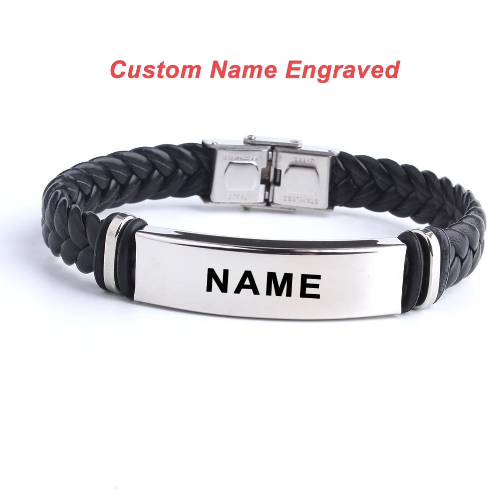 

Fashion Custom logo Name Engrave Leather Love Bangle & Bracelet 316L Stainless Steel Bracelets For Women Men ID Bracelet Jewelry