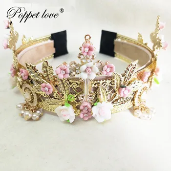 

Hot Hairstyle Braider Glod Crown Wedding Tiara Pearl Resin Tlower Wedding Crown Hair Accessories Bride Head Jewelry