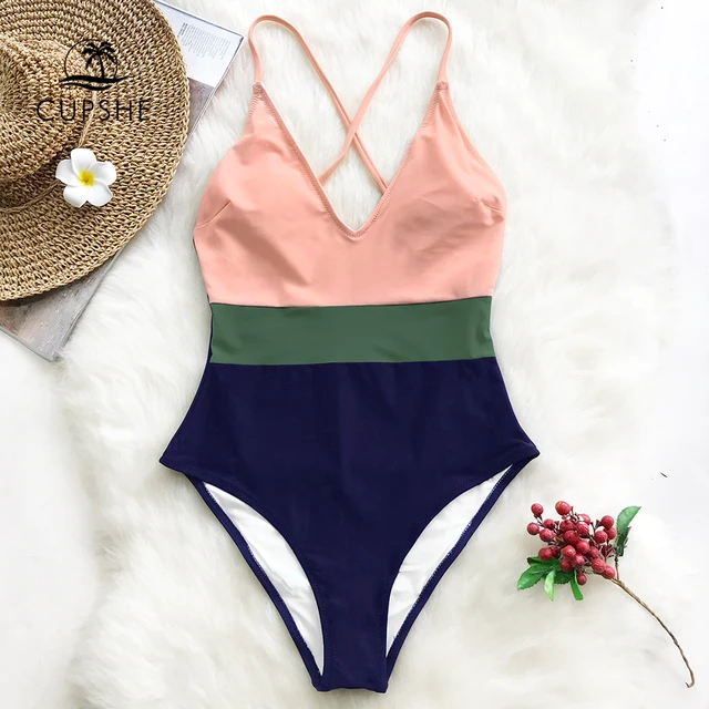 US $13.51 CUPSHE Cross Block One-piece Swimsuit Women V-neck Backless Patchwork Monokini 2020 Girl Beach Adju