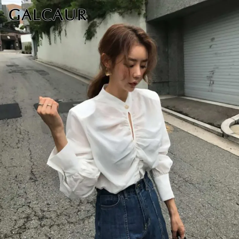 

GALCAUR Elegant Solid Women Blouse Stand Collar Lantern Sleeve Hollow Out Ruched Big Size Shirt Female Fashion Summer 2019