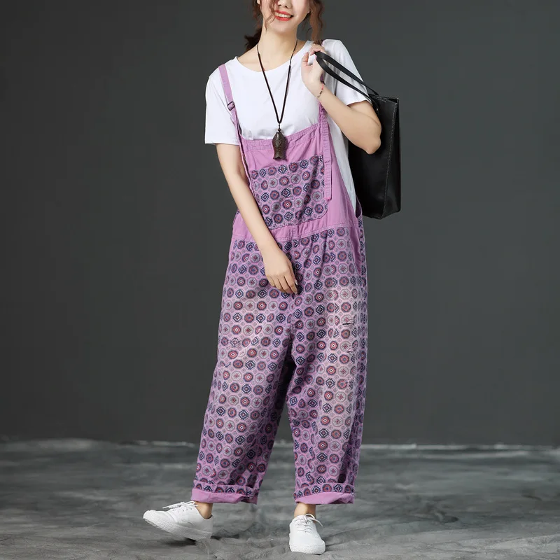 

Spring Rompers girl summer washed old denim nine points loose shift file female large size printed bib pants women wandering