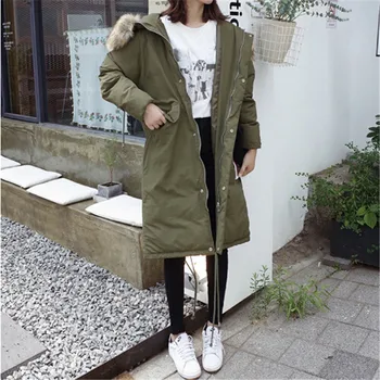 

AILOOGE New Fashion Winter Jacket Women Parka Women Basic Faux Fur Hood Loose Oversize Army Green White Long Coat High Quality