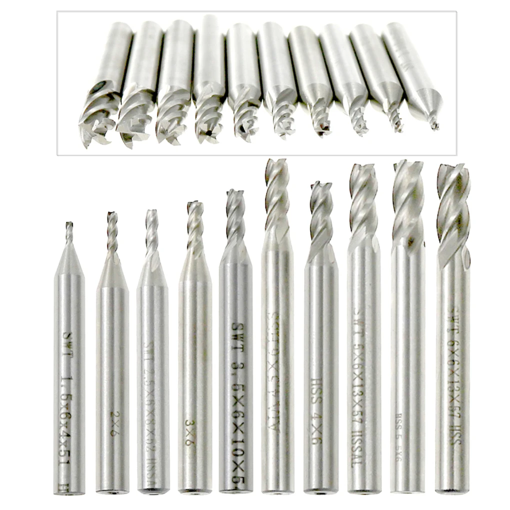 

10pcs/set 1.5-6mm HSS Straight Shank 4 Flute End Mill Cutter CNC Drill Bit Tool