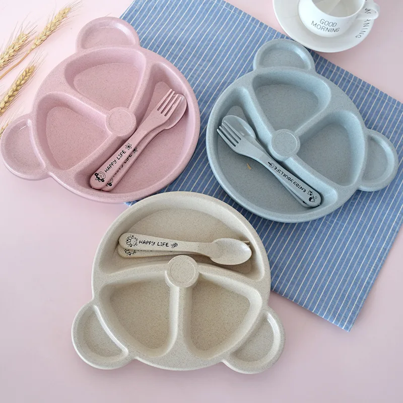 

3pcs/set Baby Bowl+spoon+fork Feeding Food Tableware Cartoon Bear Kids Dishes Eating Dinnerware Anti-hot Training Dinner Plate