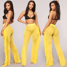 New Sexy Ruffle Women Beach Mesh Pants Sheer Wide Leg Pants Transparent See through Sea Holiday