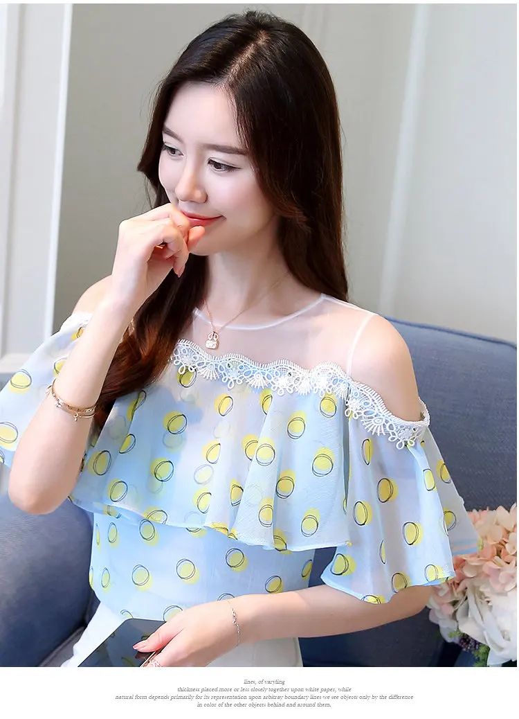 New Polka Dot Shirts Women 2018 Female Summer Blouse Ruffled Open Shoulder Tops Casual Fashion Print Chiffon Blusas Mujer Verano (10)