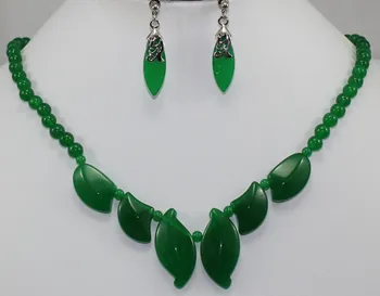 

Prett Lovely Women's Wedding wholesale unique 18" green gem beads and leaf shape gem necklace & stud earrings jewelry set 001