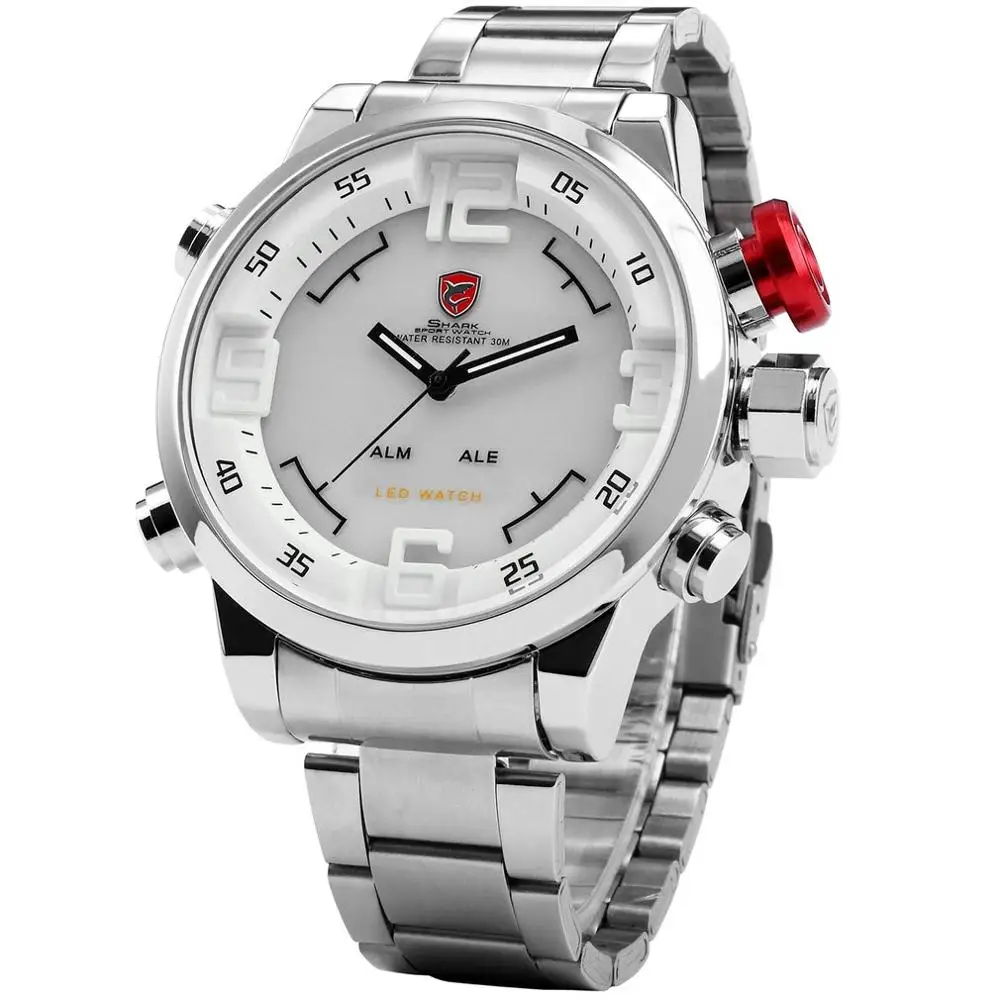 Gulper SHARK Sport Watch Stainless Full Steel Silver Japan Movement Dual Time Date Alarm Quartz Mens Digital Wristwatch / SH104