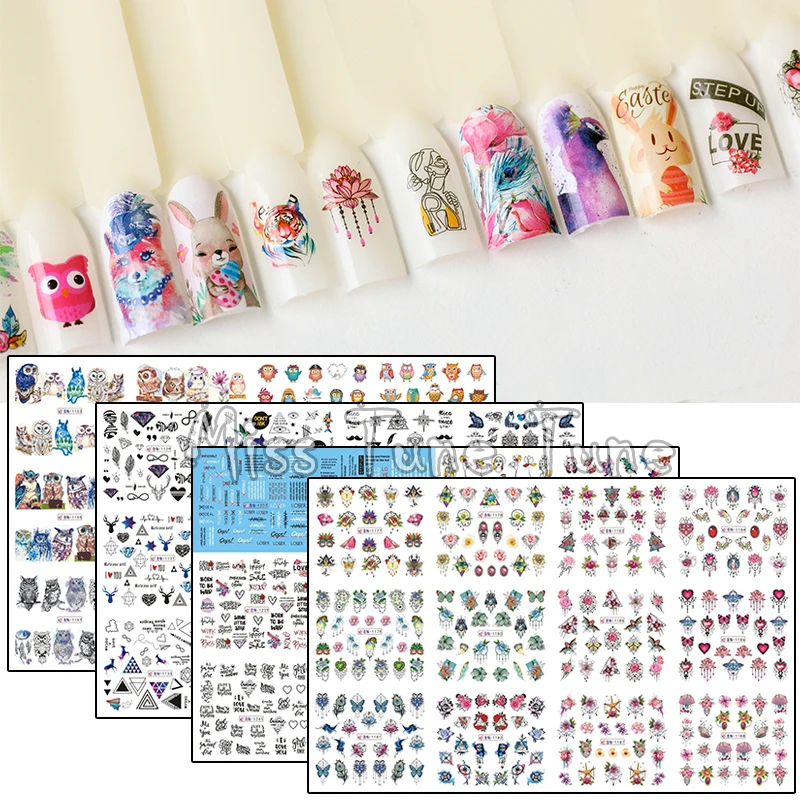 

12 Different Styles Large Nail Art Water Transfer Nail Stickers Decal Tips India Tribal Letters Feather Animals Peacock Owl
