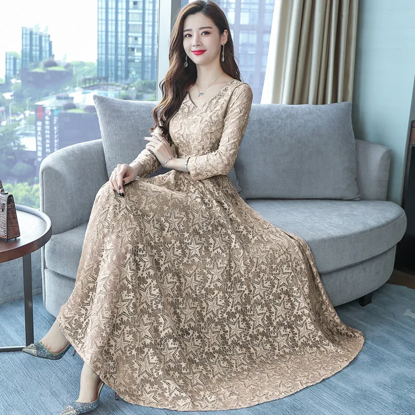 

vintage Long sleeve Lace dress Long Slim A-Line Vestidos bodycon dress plus size casual winter dresses women 2018