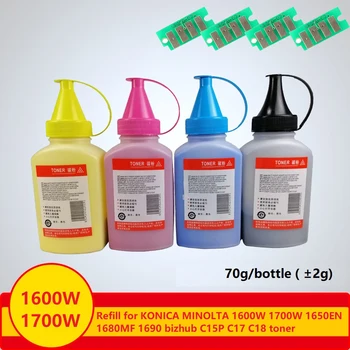 

Xiangyu 4 x 70g and 4 x chips 1600W 1700W Refill Laser Color Toner Powder Kits for Konica Minolta 1600W 1650 1680 1690MFC110MFP