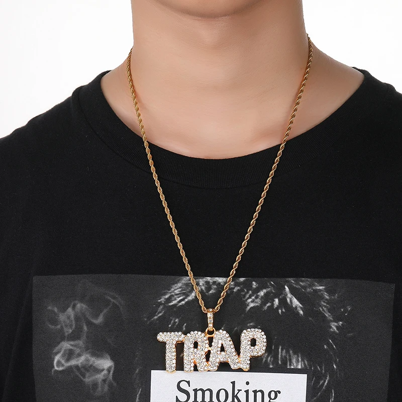 D&Z Men's Hip Hop Full Rhinestone TRAP Letters Pendant Necklace with Twisted Rope Chain Collier For Male