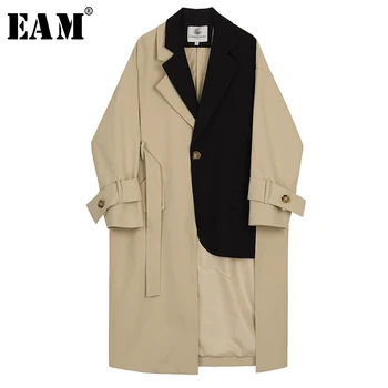 

[EAM] 2020 New Spring Autumn Lapel Long Sleeve Hit Color Split Joint Loose Long Big Size Windbreaker Women Trench Fashion JX441