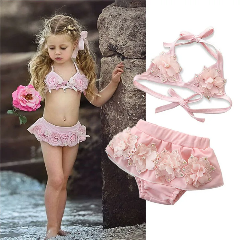 

New Summer Baby Girls Clothes Beachwear Lace Tulle 3D Floral Bikini Set V-neck Halter Lace-up Panties Swimsuit Swimwear 1-6Years