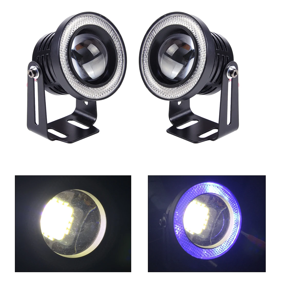 

beler 12V 2.5" 10W White LED Projector Fog Lens DRL Driving Light with Blue LED Angel Eye Halo Ring for VW Audi Ford Toyota