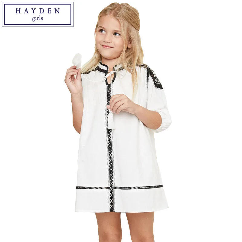 

HAYDEN 2017 Spring Summer Flower Embroidery Casual Cotton Dress Girl Kids White Princess Boho Dress Vintage Teenagers Clothing