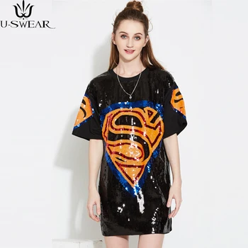

Fashion Black Hip Hop Oversized Loose Sequin Dress Short Sleeve Casual Round Collar Dancewear Paillette Summer Printed Dress