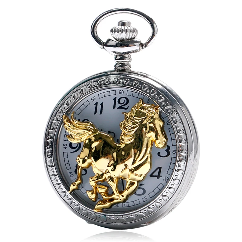 Роскошные Бег Golden Horse кварцевые карманные часы зодиака китайский Стиль Цепочки и ожерелья ювелирные изделия стимпанк Для мужчин Для женщин