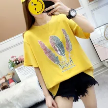 2019 Women's tshirt women Casual Round Neck Feather Print Short Sleeve Loose Pullover Simple tshirt women chic round neck raglan sleeve feather print blouse for women