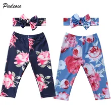 Милая Одежда для новорожденных мальчиков и девочек от 0 до 24 месяцев повседневные длинные штаны с цветочным принтом, леггинсы штаны-шаровары+ повязка на голову, 2 предмета