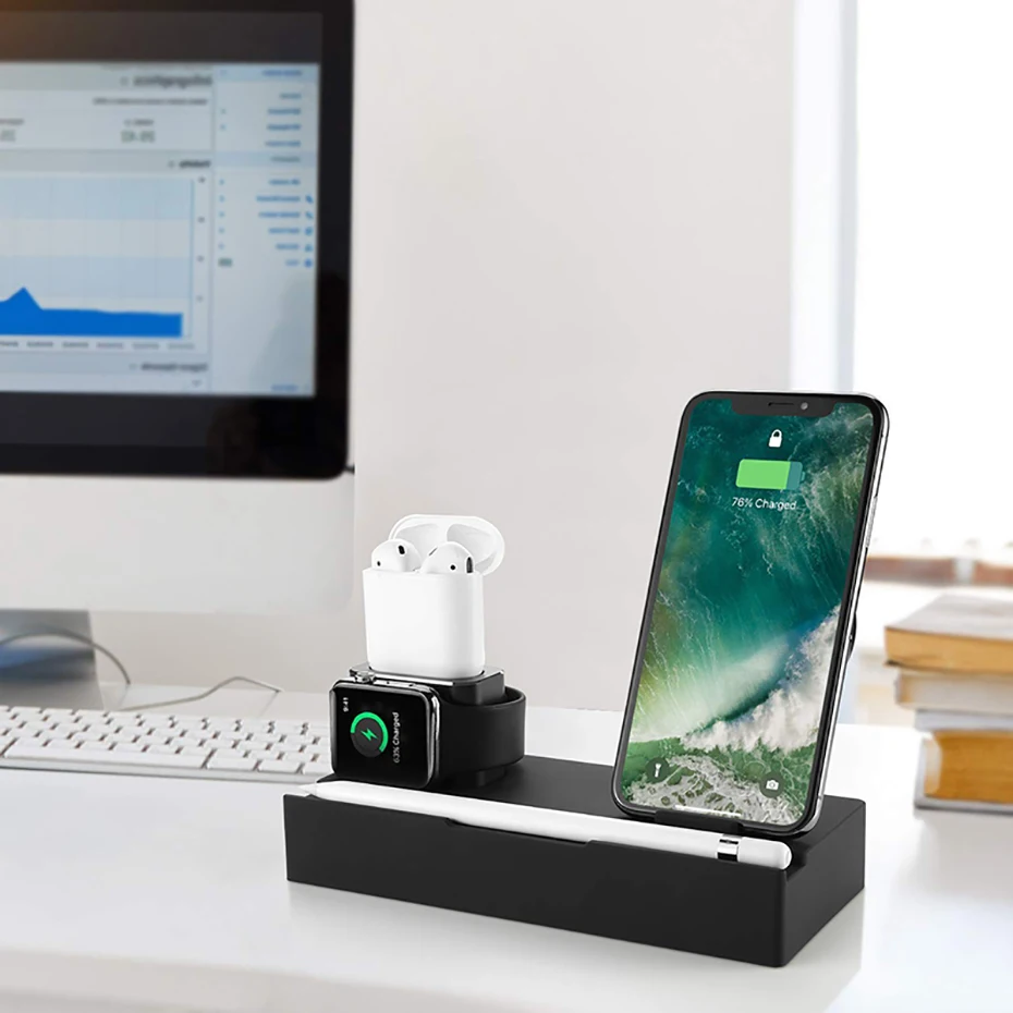 Multi Function Nightstand QI Wireless Charger For Iphone Samsung Charger Stand For Airpods Apple Watch USB Charger Dock Station (6)