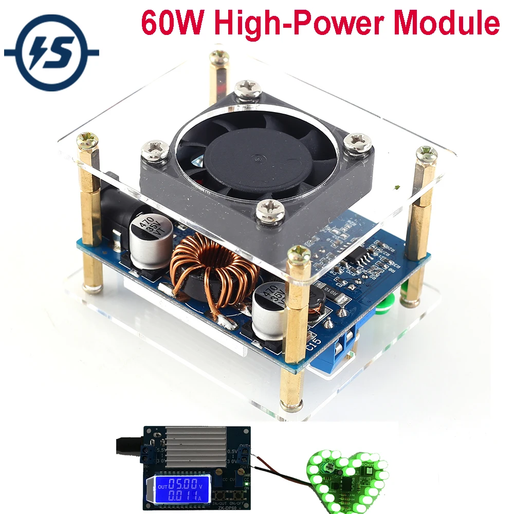 Skup Step Up Down Converter 60W o dużej mocy regulowany Buck zwiększony moduł zasilania wyświetlacz LCD z wentylatorem i powłoka akrylowa