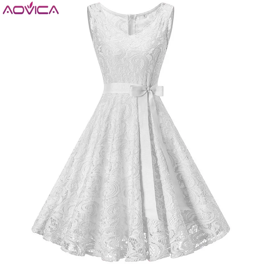 

Aovica S-3XL Summer Vintage White Lace Tunic Dress Women Sleeveless Elegant Party Sexy Dresses Retro Robe Big Swing Vestidos