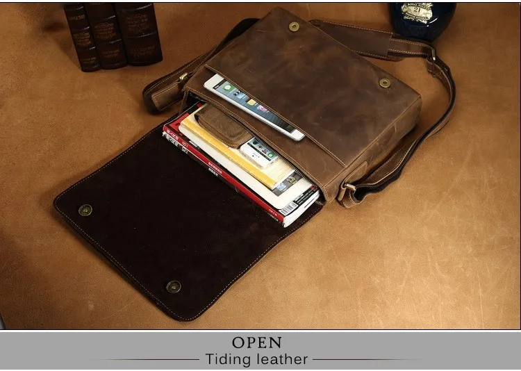 Tiding/Винтажные Толстые Сумки через плечо из натуральной кожи, подходящие для ноутбука 13 дюймов, Повседневная однотонная мягкая мужская сумка, коричневая 1006