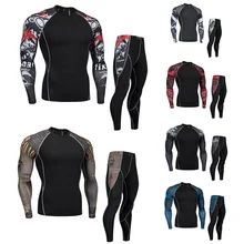 Для мужчин сжатый спортивный костюм наборы Фитнес Мужчины с длинным рукавом Кроссфит Футболка мышцы рубашка Леггинсы человек mma Рашгард комплект