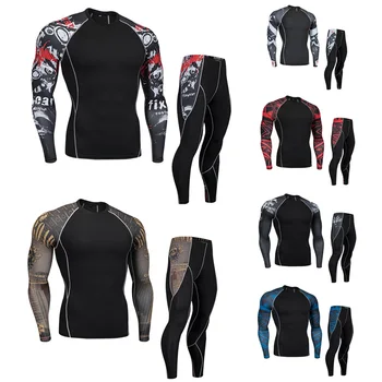 

Men's Compressed tracksuit Sets fitness men long sleeve crossfit Tshirt muscle shirt leggings man mma rashgard kit Free express