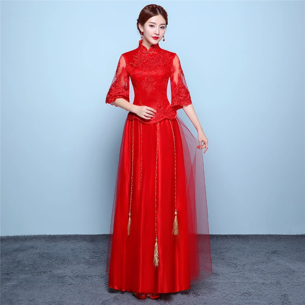 Шанхай история китайское свадебное платье Красный Qipao Половина рукава Кружева Cheongsam традиционная одежда топ+ юбка костюм комплект
