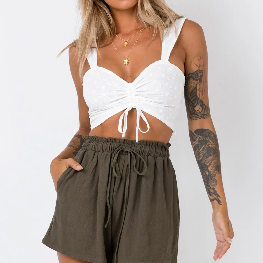 

2019 Tops Female Fashion Women Camis Sexy White V-Neck Ruched Ribbons Backless Shirts Ladies Casual Crop Camis Top haut femme