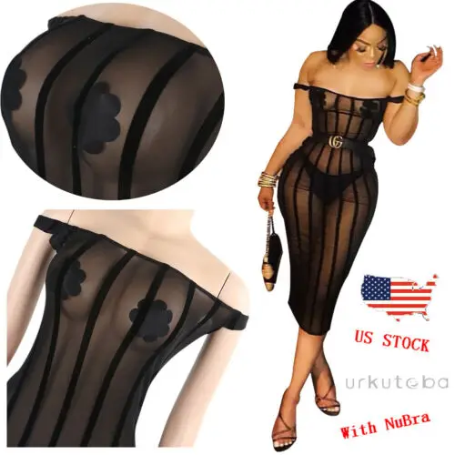 الأسهم الأمريكي مثير النساء مساء حزب Clubwear معطلة الكتف بقماش شفاف Bodycon اللباس