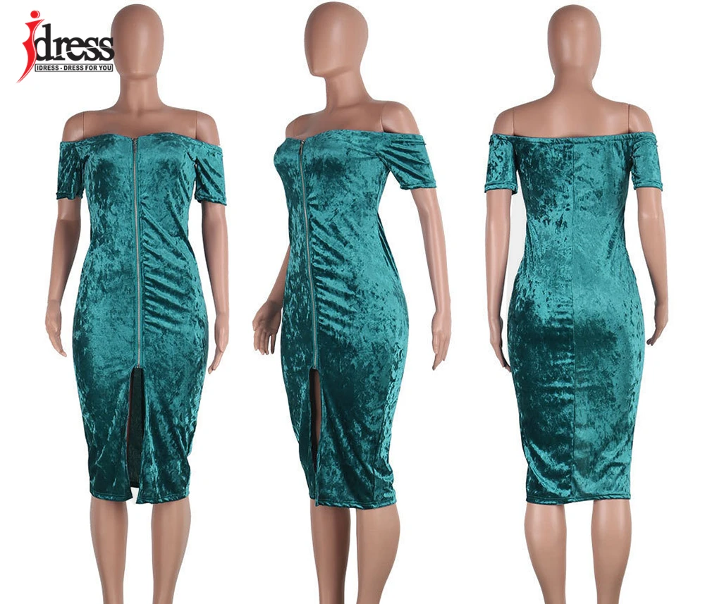 IDress 2017 Winter Velvet Dress Sexy Women Short Sleeve Strapless Backless Bodycon Bandage Dress Zip Spilt Club Party Dresses (1)