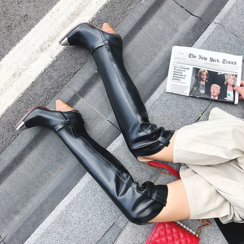Plus size 34-45 New Genuine leather boots women metal high heels autumn winter over the knee boots sexy ladies thigh