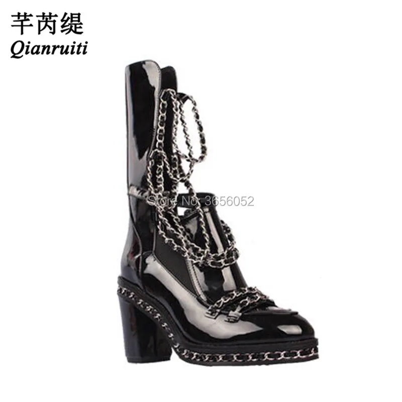 

Qianruiti Botas Mujer Platform Shoes 43 Black Leather Block High Heels Chain Cross Thigh High Boots Women Ankle/ Long Booties