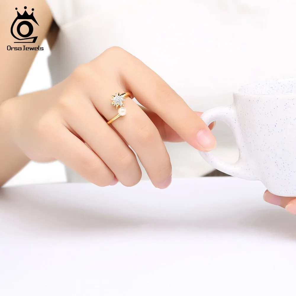 ORSA JEWELS Adjustable Ring For Women 925 Solid Sterling Silver Rings Starfish AAA Shiny CZ Genuine Pearl Luxury Jewelry SR98