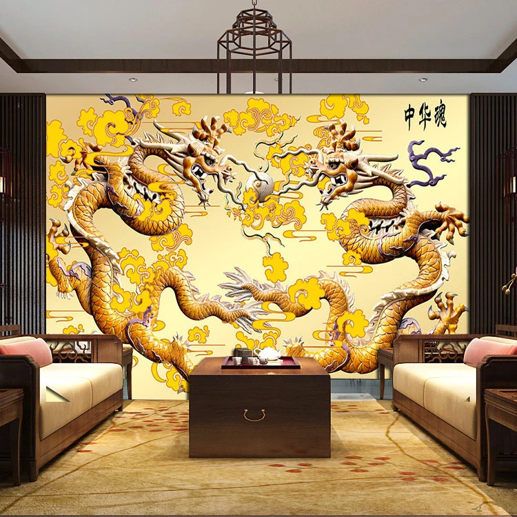 カスタム3dゴールデンドラゴン写真の壁紙豪華な壁紙の壁壁画背景壁ルームのインテリア木製彫刻アート Wallpaper Wall Murals Luxury Wallpaperphoto Wallpaper Aliexpress