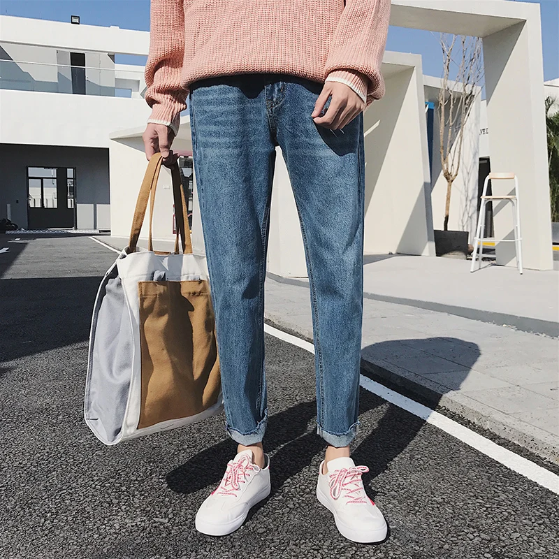 2018 New Men Fashion Casual Loose Classic Blue Small Straight Leg Cowboy Pants Baggy Homme Jeans Tapered Denim Trousers S-XL
