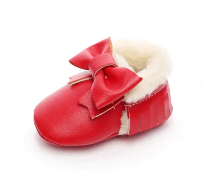 Hongteya/новые зимние теплые меховые сапоги из искусственной кожи; детские мокасины с бантом; детская обувь для новорожденных; ботинки для маленьких девочек - Цвет: red