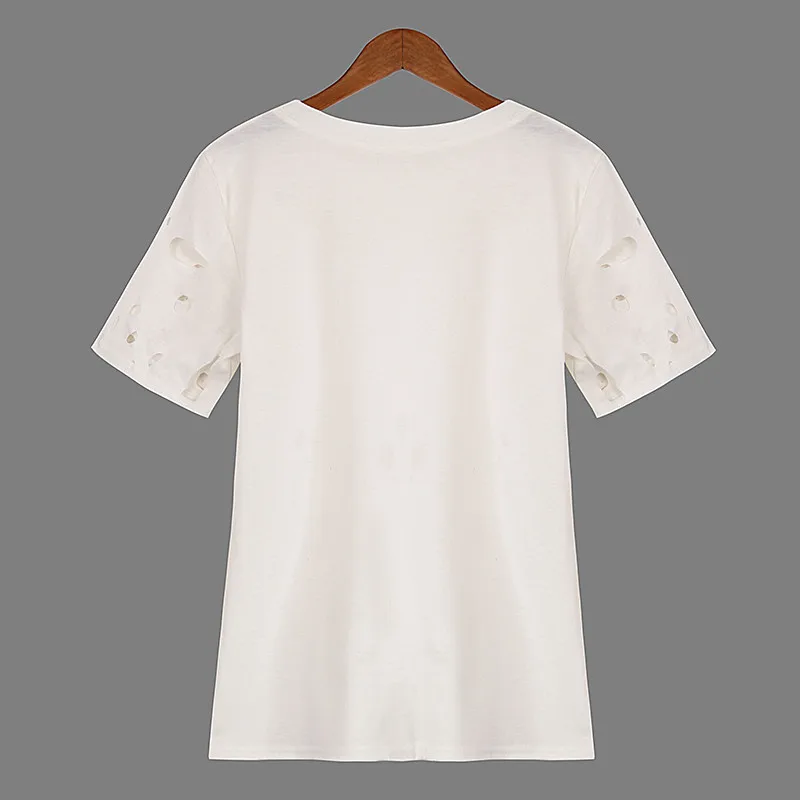 Летние топы, Женская Сексуальная футболка с дырками, с круглым вырезом, с коротким рукавом, с дырками, однотонные Повседневные базовые рубашки, Blusas, большие размеры