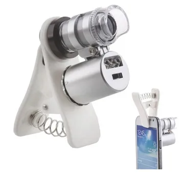 

100set/lot* 60X Zoom LED Mini 60 times magnifying glass microscope Lens Universal Mobile currency detecting Microsc with clip